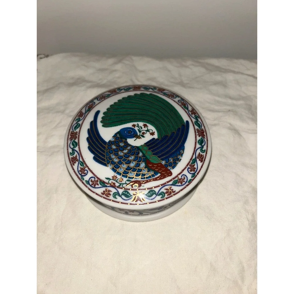 Vintage Byzantium Elizabeth Arden Peacock Vanity Set 5pc Tray Box Vase Japan